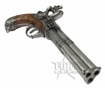 Pistolet skałkowy, trzylufowy, obrotowy - Francja XVIII w. - replika