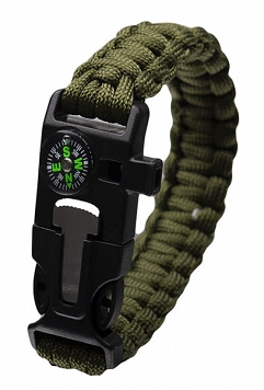 Opaska survival - paracord - kompas, krzesiwo, gwizdek - zielona - BSH